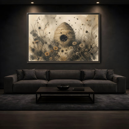 Mockup 3. Abandoned Beehive Among Wildflowers shown as framed canvas print