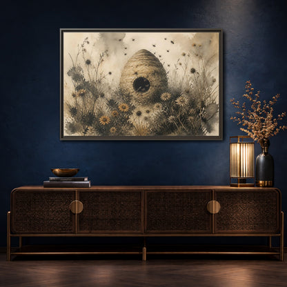 Mockup 4. Abandoned Beehive Among Wildflowers shown as framed canvas print