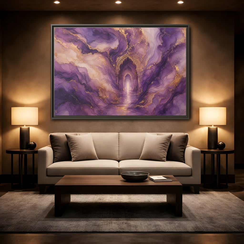 Mockup 2. Abstract Abstract Archway Purple Gold Archway shown as stretched canvas wall art