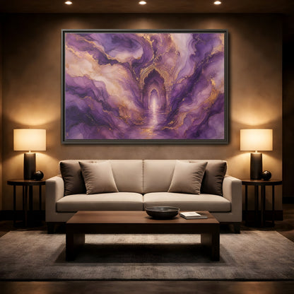 Mockup 2. Abstract Abstract Archway Purple Gold Archway shown as stretched canvas wall art
