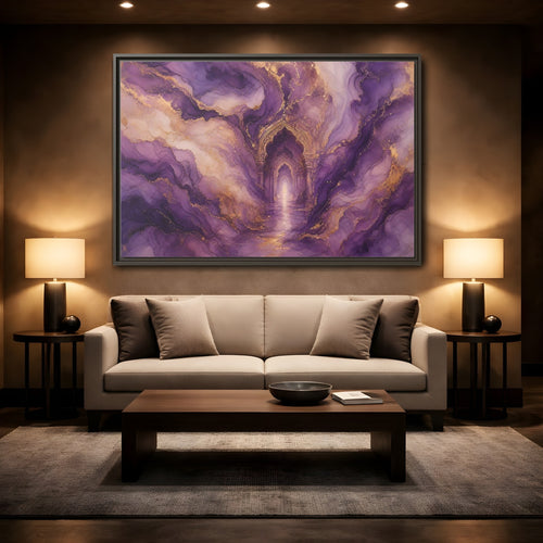 Mockup 2. Abstract Abstract Archway Purple Gold Archway shown as stretched canvas wall art