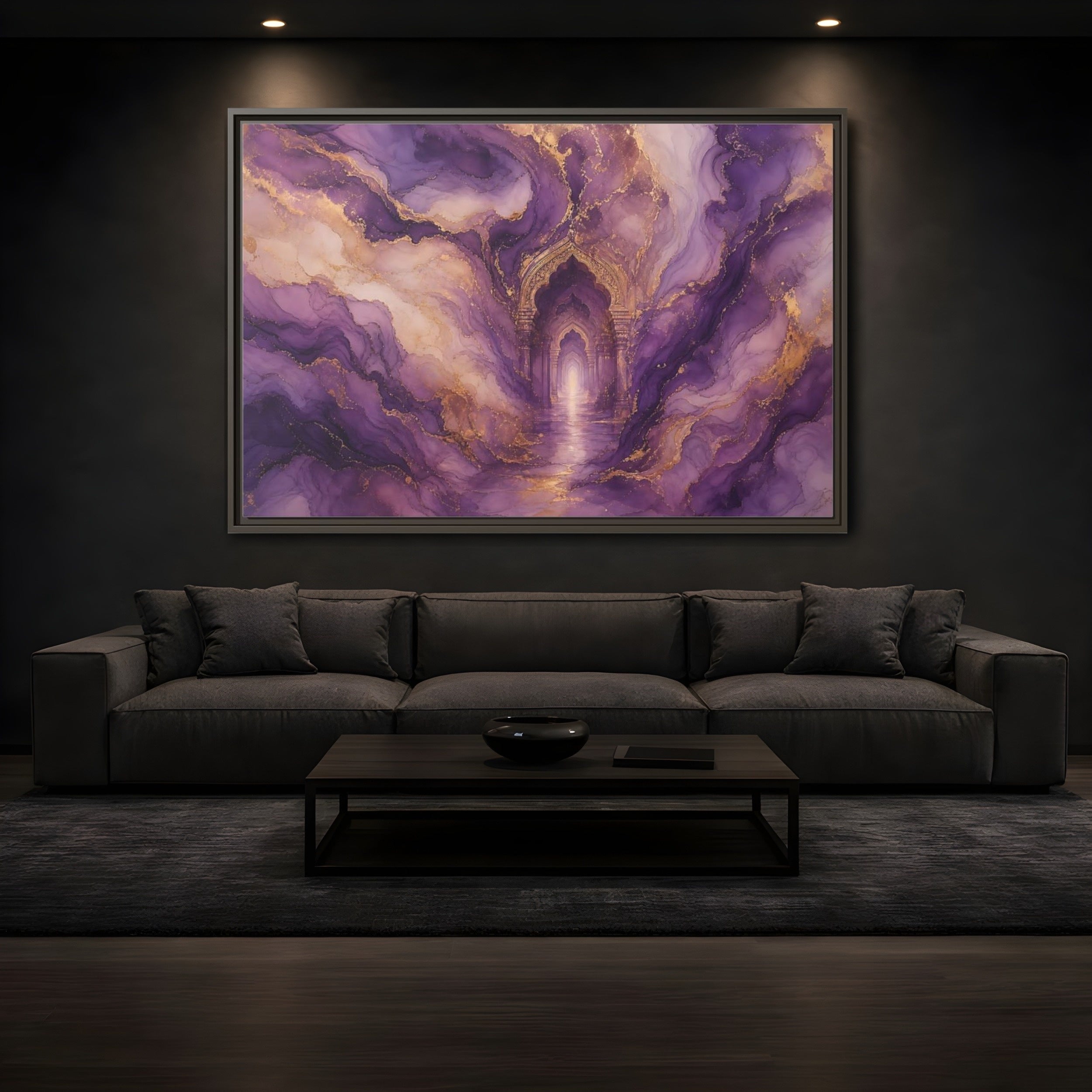 Mockup 3. Abstract Abstract Archway Purple Gold Archway shown as stretched canvas wall art