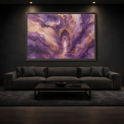 Mockup 3. Abstract Abstract Archway Purple Gold Archway shown as stretched canvas wall art
