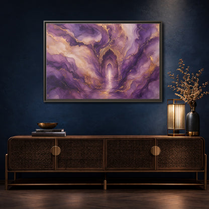 Mockup 4. Abstract Abstract Archway Purple Gold Archway shown as stretched canvas wall art