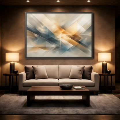 Blue gold beige geometric abstract floating-frame canvas wall art shown in room setting