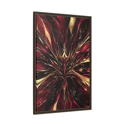 Main Mockup. Abstract Abstract Bloom Crimson Gold Abstract shown as stretched canvas wall art