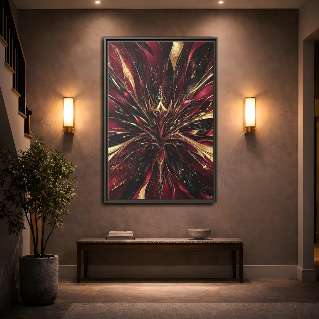 Mockup 2. Abstract Abstract Bloom Crimson Gold Abstract shown as stretched canvas wall art