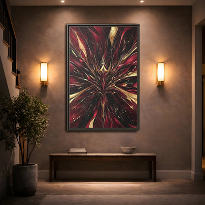 Mockup 2. Abstract Abstract Bloom Crimson Gold Abstract shown as stretched canvas wall art