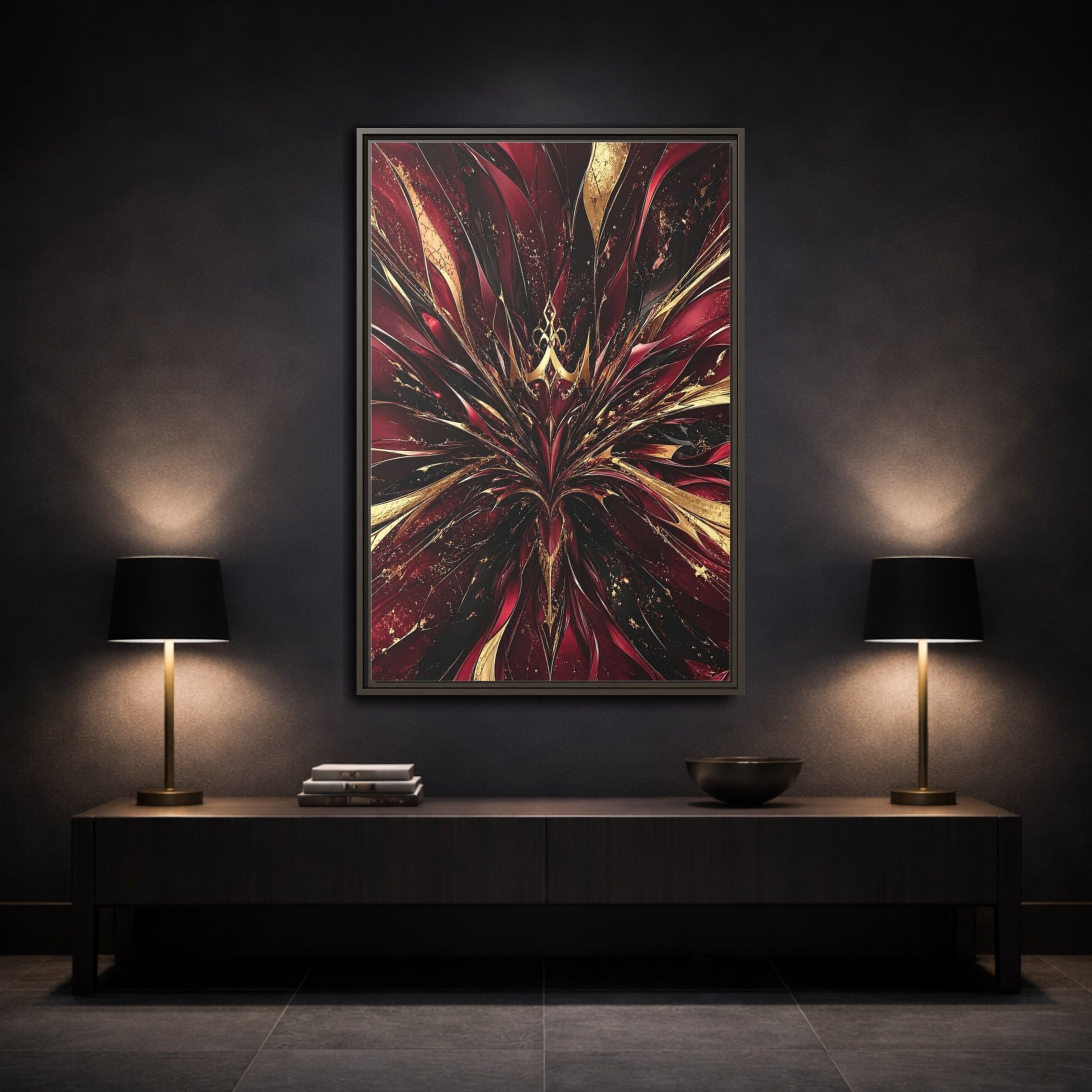 Mockup 3. Abstract Abstract Bloom Crimson Gold Abstract shown as stretched canvas wall art