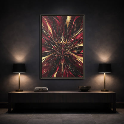 Mockup 3. Abstract Abstract Bloom Crimson Gold Abstract shown as stretched canvas wall art