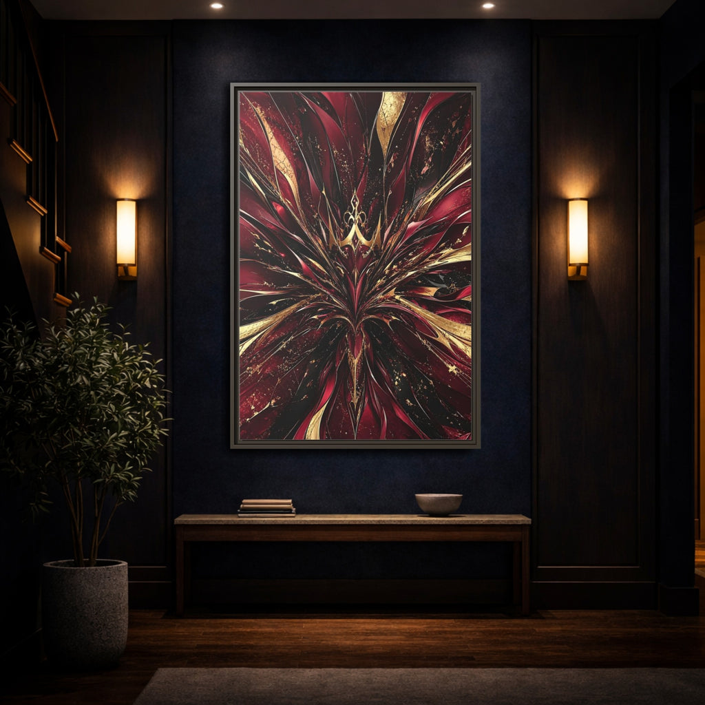 Mockup 4. Abstract Abstract Bloom Crimson Gold Abstract shown as stretched canvas wall art