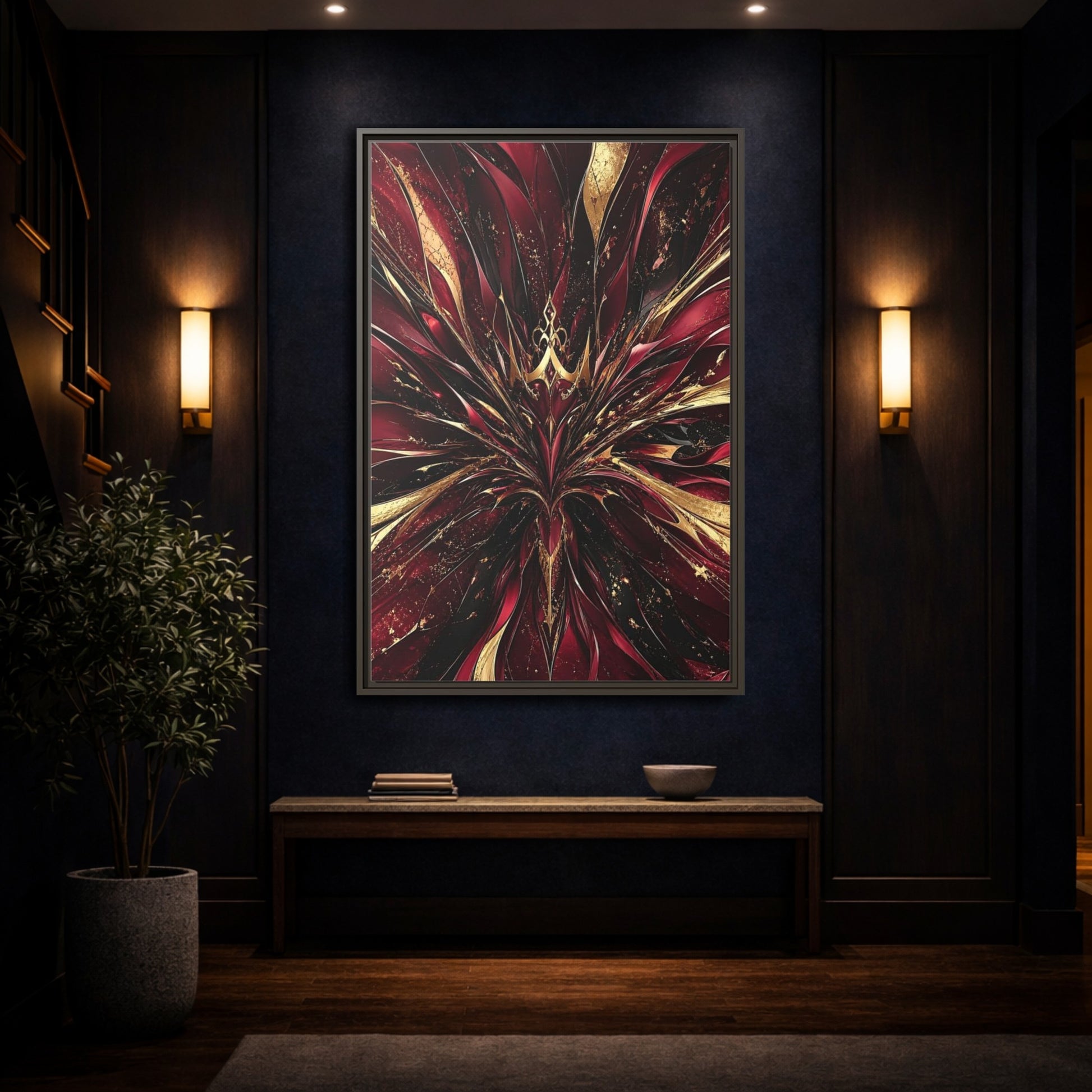 Mockup 4. Abstract Abstract Bloom Crimson Gold Abstract shown as stretched canvas wall art