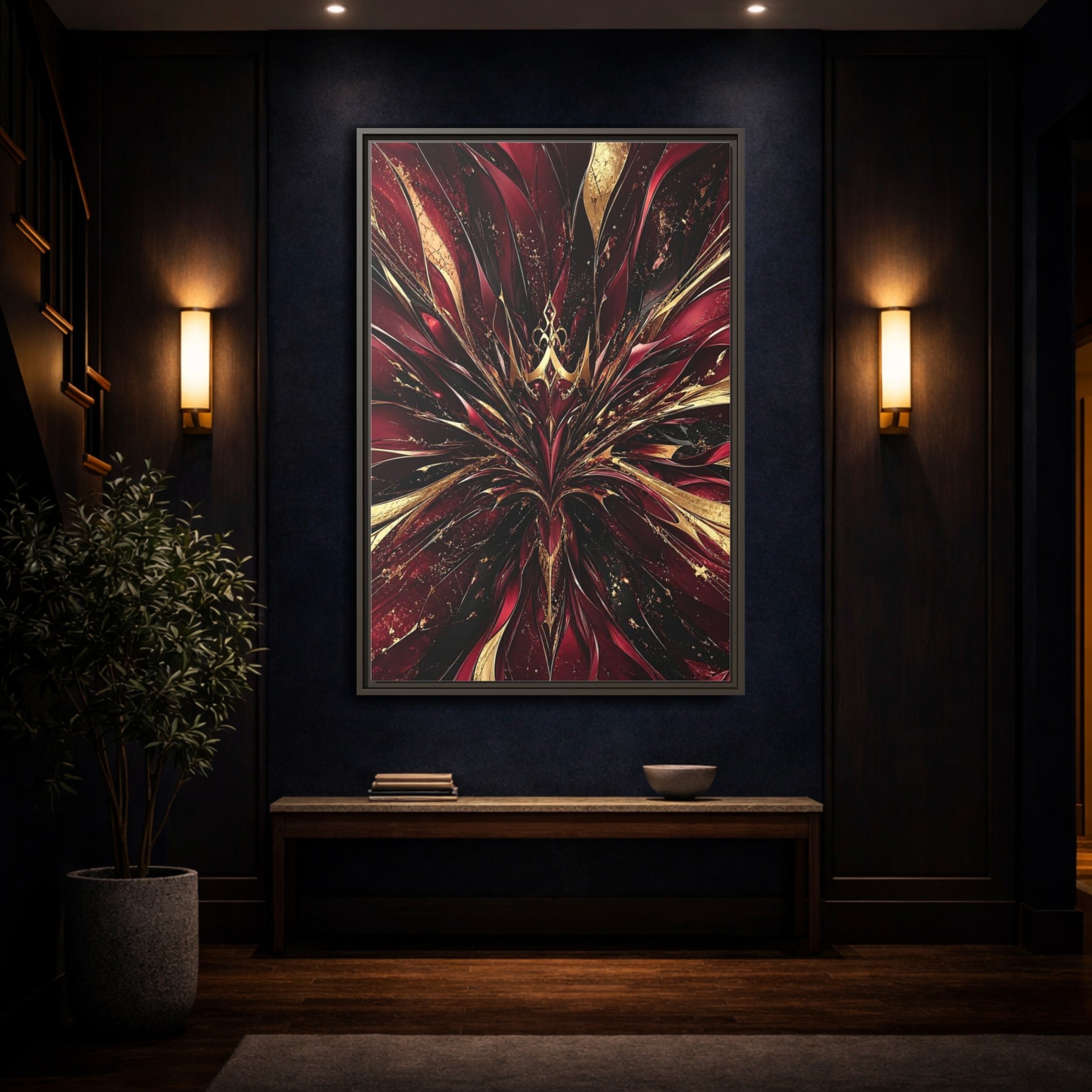 Mockup 4. Abstract Abstract Bloom Crimson Gold Abstract shown as stretched canvas wall art