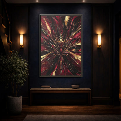 Mockup 4. Abstract Abstract Bloom Crimson Gold Abstract shown as stretched canvas wall art