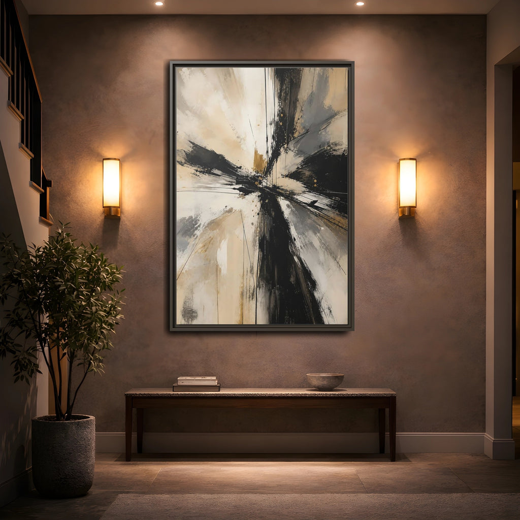Mockup 2. Abstract Abstract Burst Black White Gold shown as stretched canvas wall art