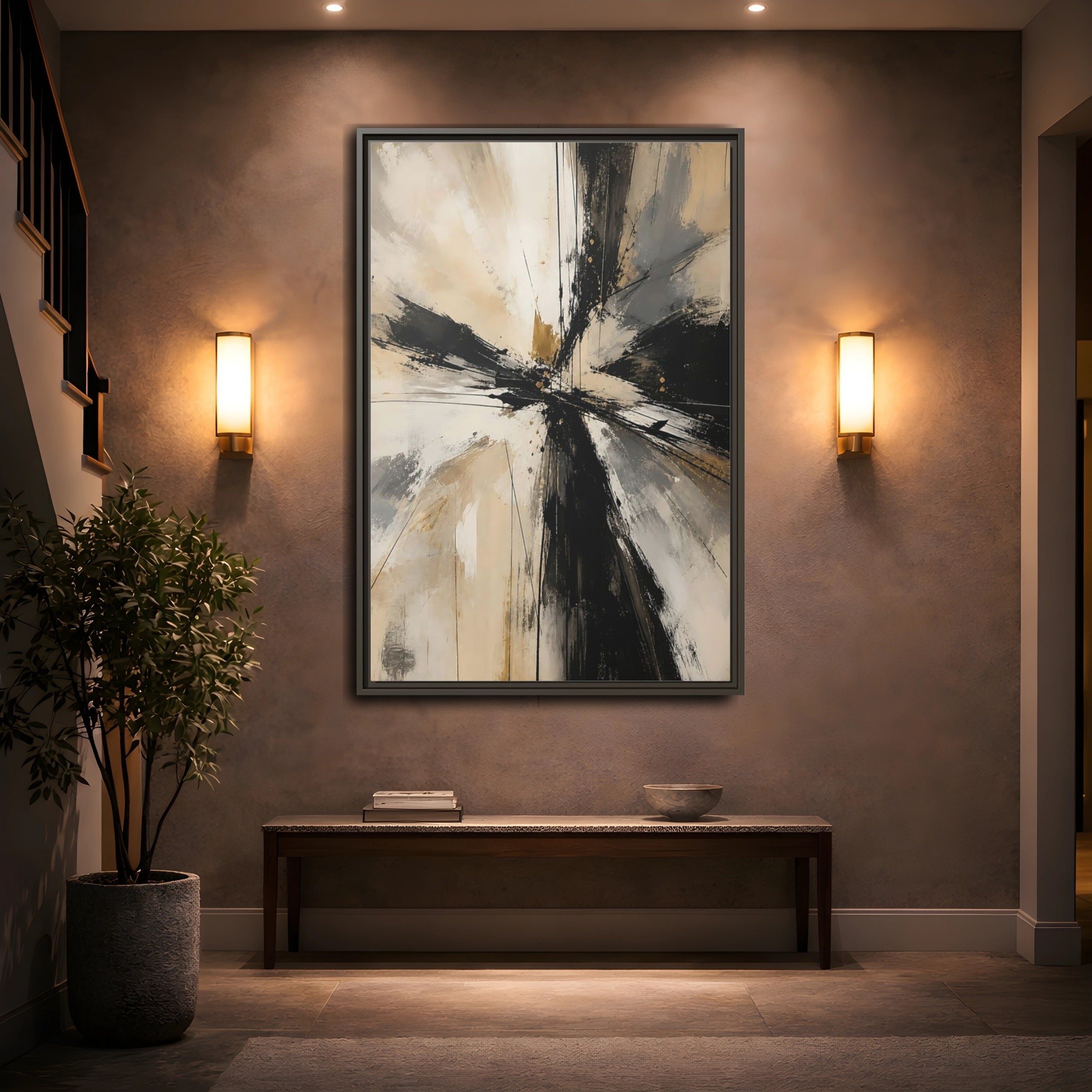 Mockup 2. Abstract Abstract Burst Black White Gold shown as stretched canvas wall art