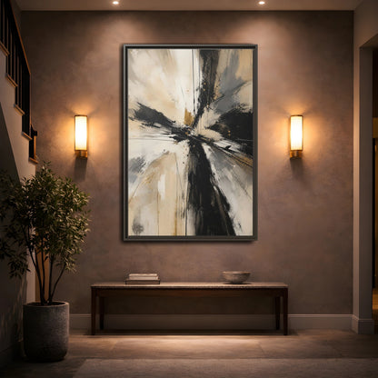 Abstract Burst Black White Gold Framed Canvas Wall Art - Living Room, Above Couch shown as canvas wall art