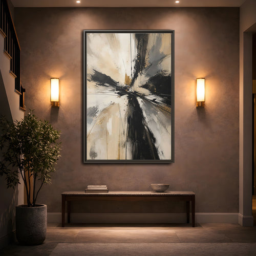 Mockup 2. Abstract Abstract Burst Black White Gold shown as stretched canvas wall art