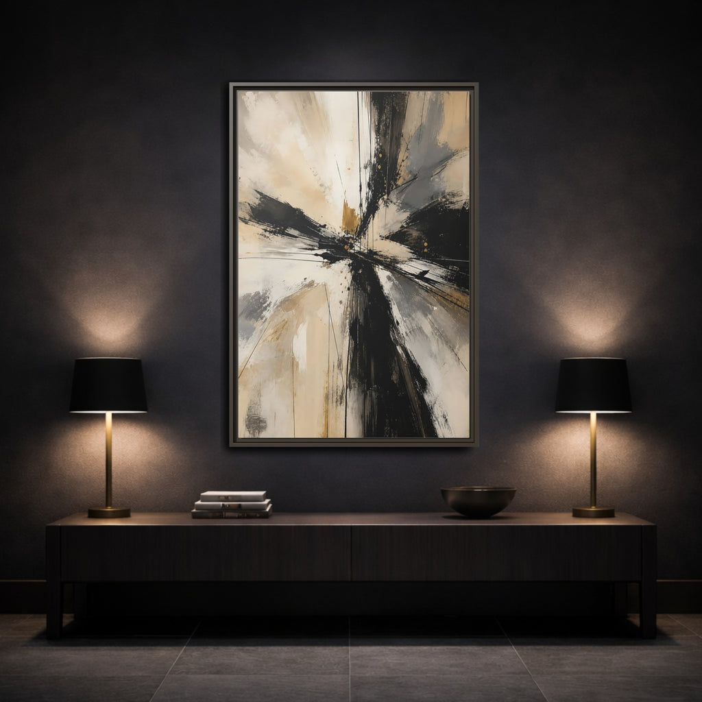 Mockup 3. Abstract Abstract Burst Black White Gold shown as stretched canvas wall art
