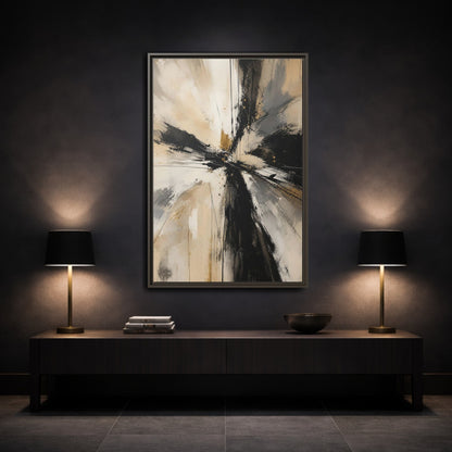 Abstract Burst Black White Gold Framed Canvas Wall Art - Living Room, Above Couch shown as canvas wall art