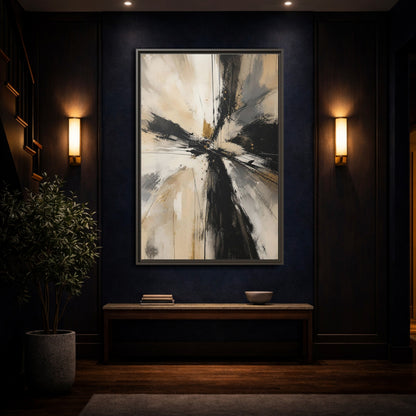 Abstract Burst Black White Gold Framed Canvas Wall Art - Living Room, Above Couch shown as canvas wall art