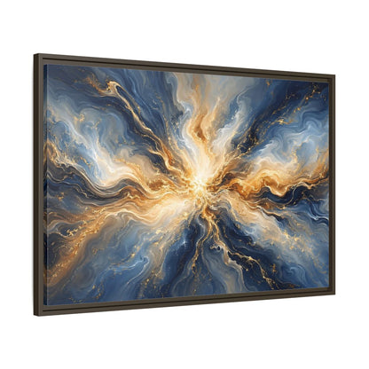 Main Mockup. Abstract Abstract Burst Blue And Gold shown as stretched canvas wall art