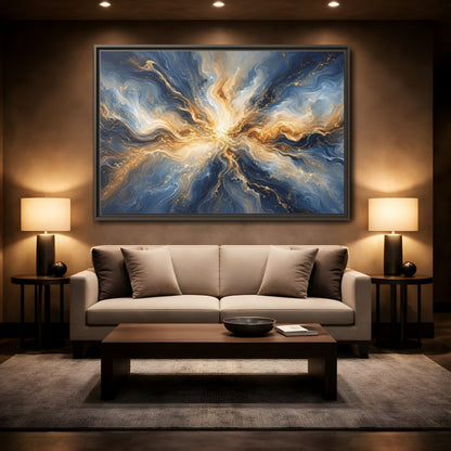 Mockup 2. Abstract Abstract Burst Blue And Gold shown as stretched canvas wall art