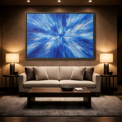 Mockup 2. Abstract Abstract Burst Blue And Gold shown as stretched canvas wall art