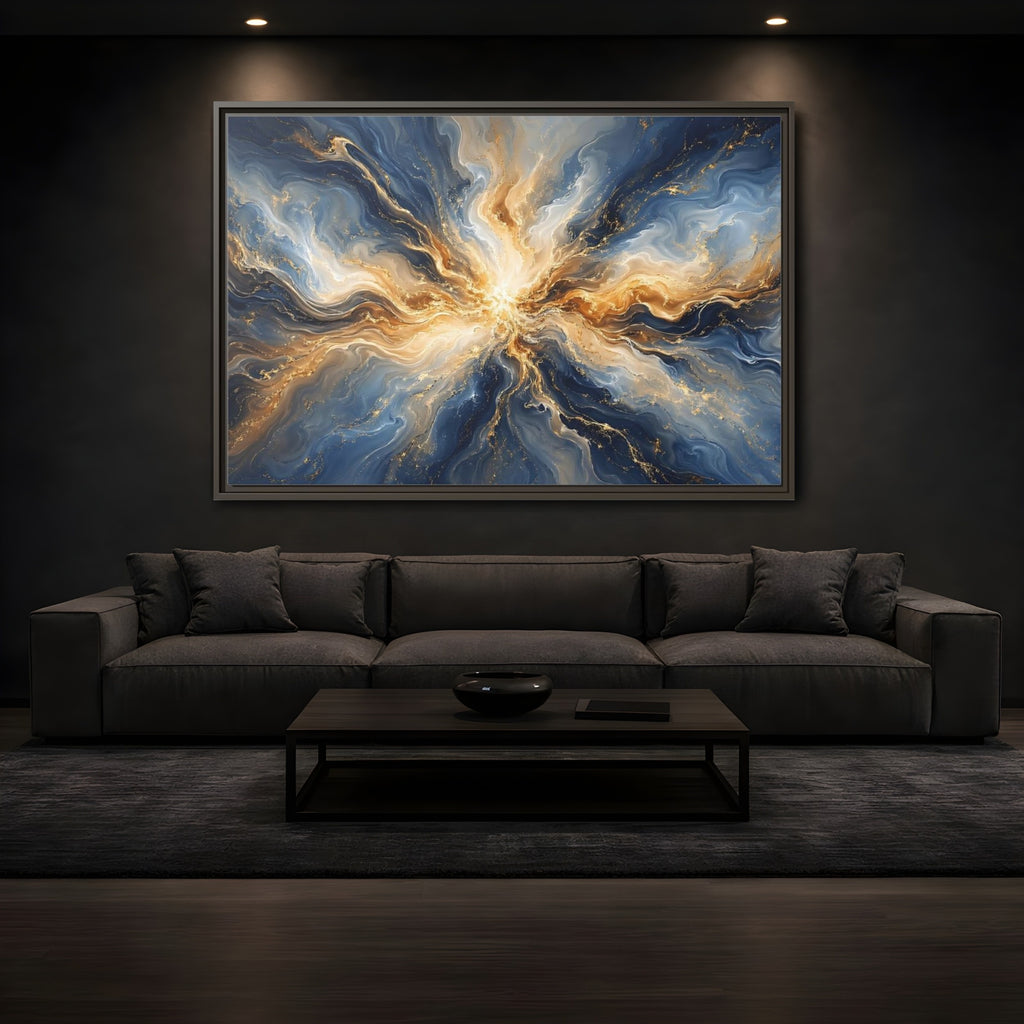 Mockup 3. Abstract Abstract Burst Blue And Gold shown as stretched canvas wall art