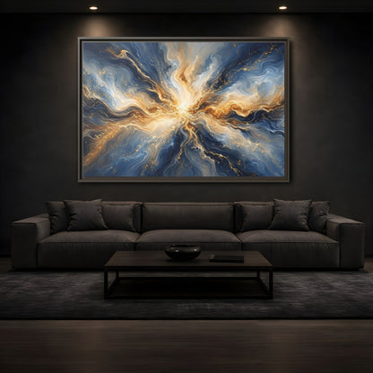 Mockup 3. Abstract Abstract Burst Blue And Gold shown as stretched canvas wall art