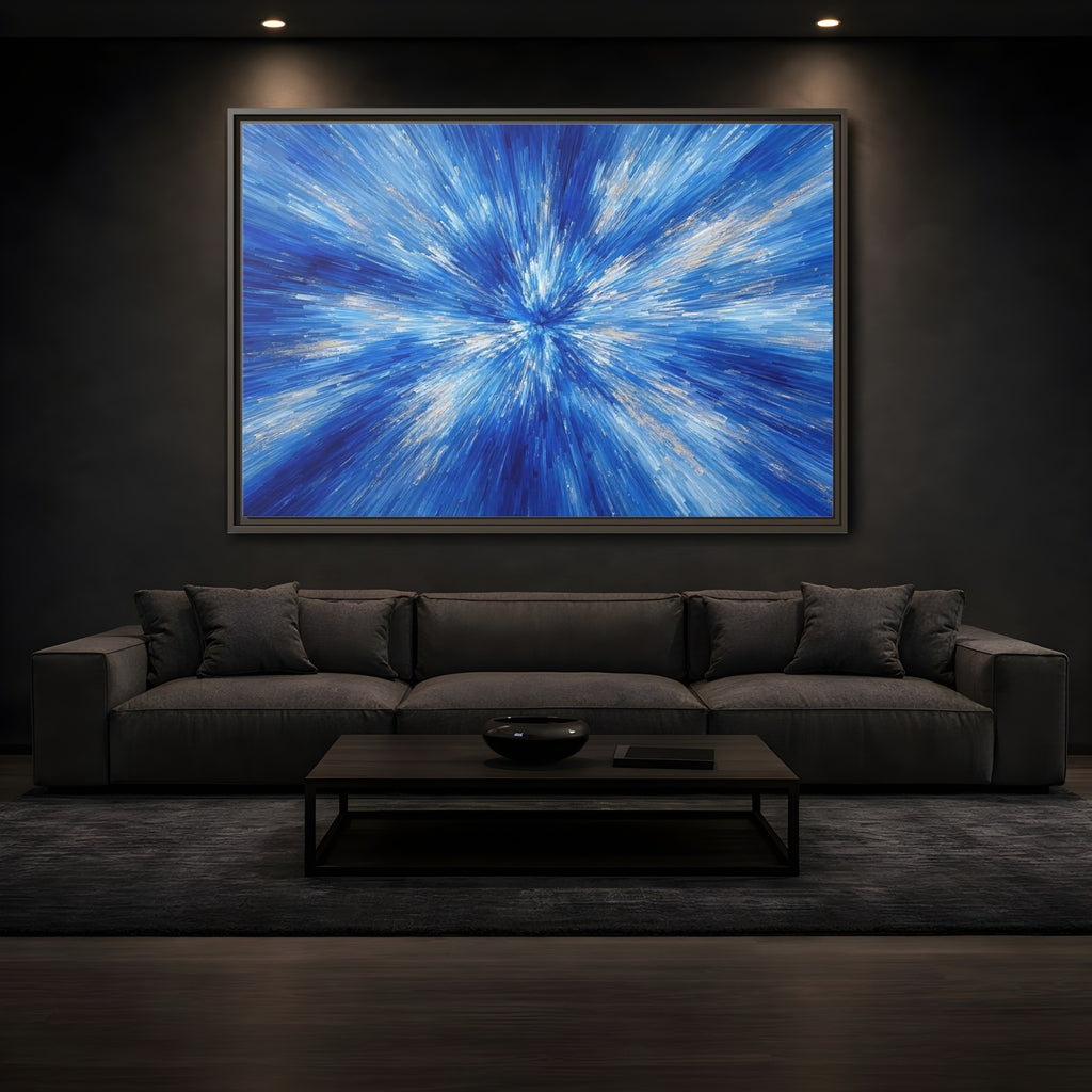 Mockup 3. Abstract Abstract Burst Blue And Gold shown as stretched canvas wall art