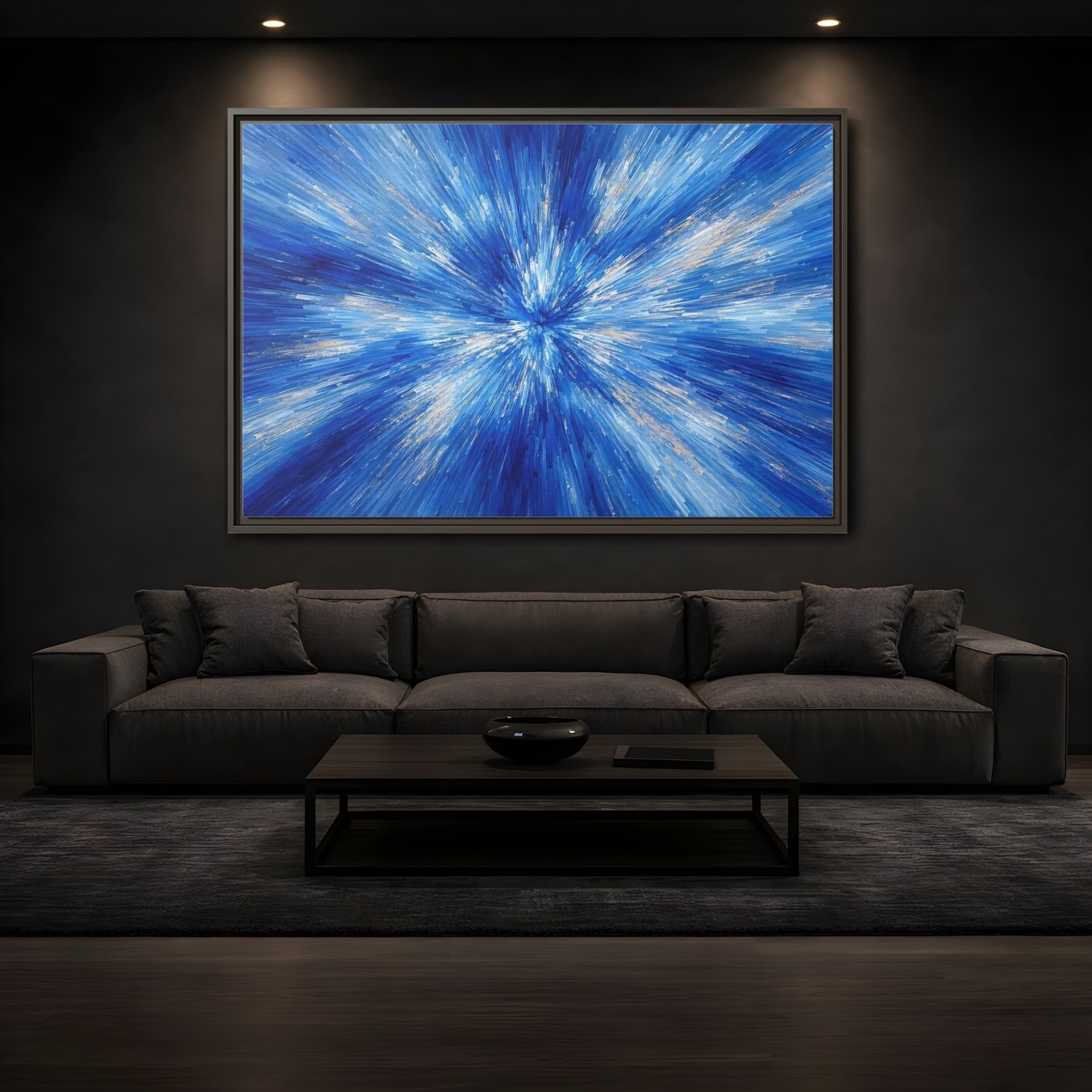 Mockup 3. Abstract Abstract Burst Blue And Gold shown as stretched canvas wall art