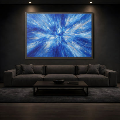 Mockup 3. Abstract Abstract Burst Blue And Gold shown as stretched canvas wall art