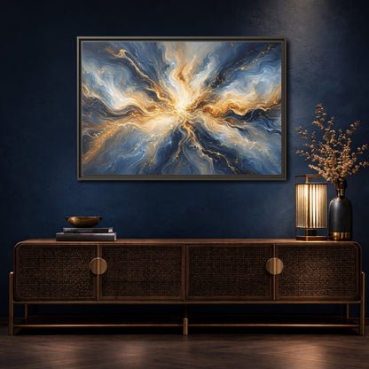 Mockup 4. Abstract Abstract Burst Blue And Gold shown as stretched canvas wall art