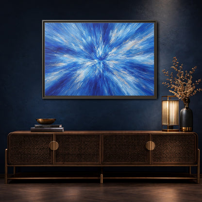 Mockup 4. Abstract Abstract Burst Blue And Gold shown as stretched canvas wall art