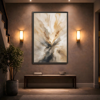 Mockup 2. Abstract Abstract Burst Brown And Gold Abstract shown as stretched canvas wall art