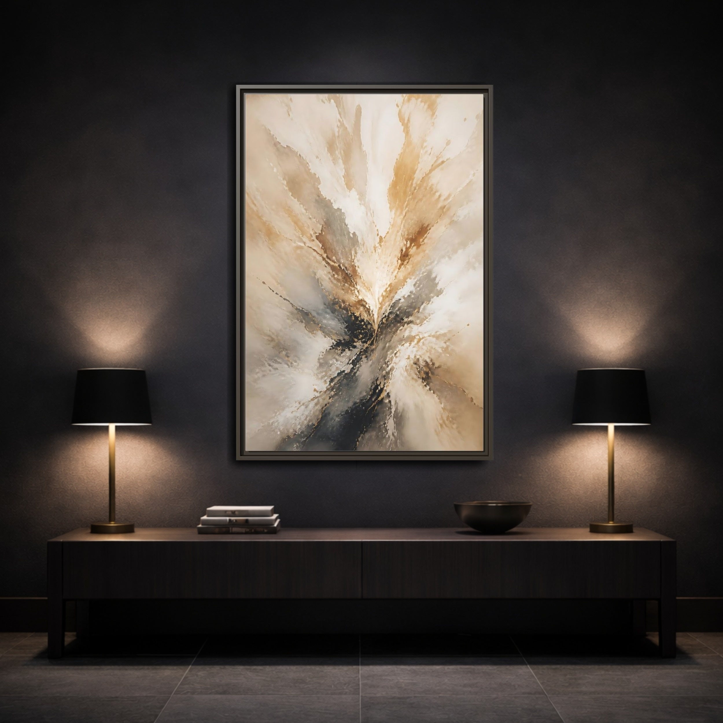 Mockup 3. Abstract Abstract Burst Brown And Gold Abstract shown as stretched canvas wall art