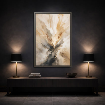 Mockup 3. Abstract Abstract Burst Brown And Gold Abstract shown as stretched canvas wall art