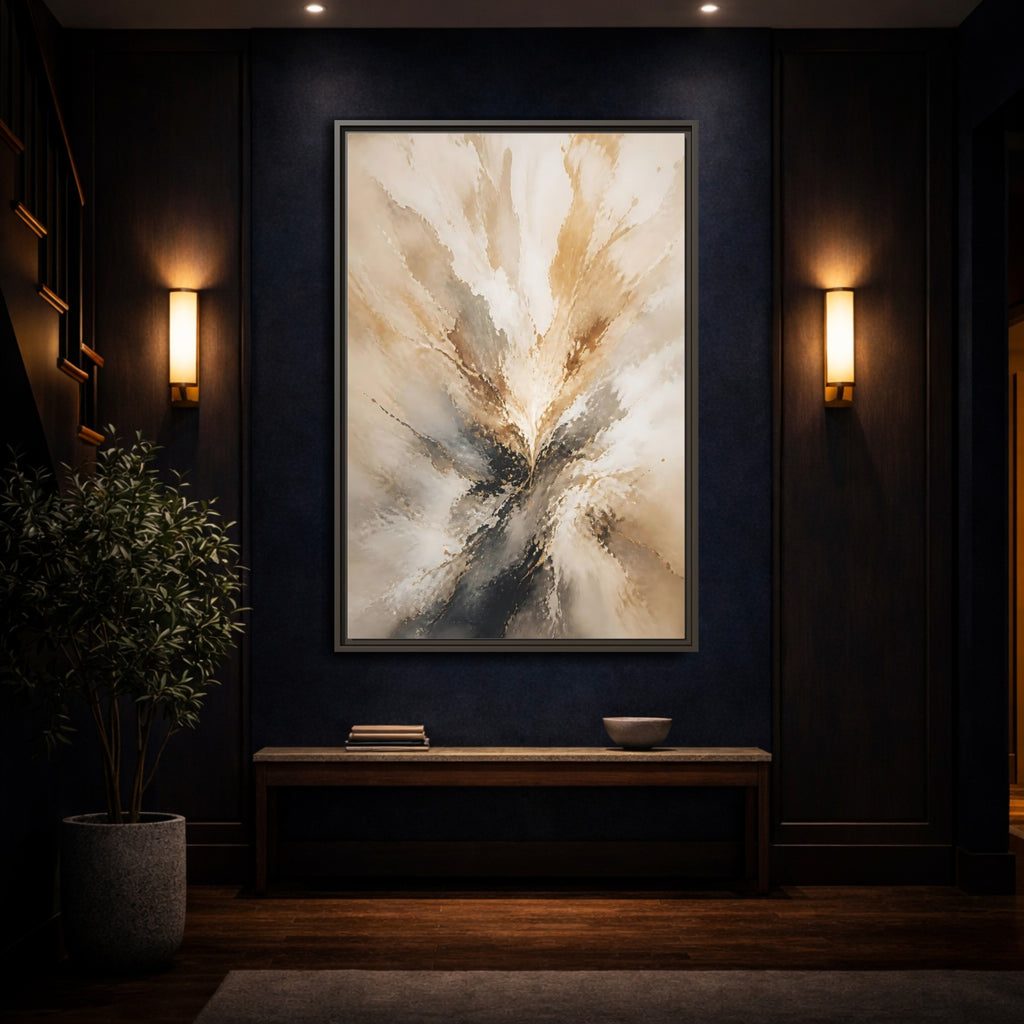 Mockup 4. Abstract Abstract Burst Brown And Gold Abstract shown as stretched canvas wall art