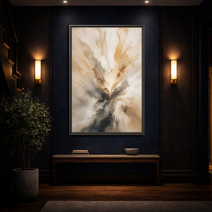 Mockup 4. Abstract Abstract Burst Brown And Gold Abstract shown as stretched canvas wall art