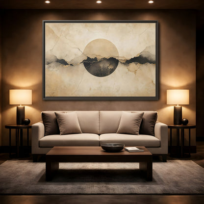 Mockup 2. Abstract Abstract Circle Beige And Black Abstract shown as stretched canvas wall art