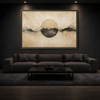 Mockup 3. Abstract Abstract Circle Beige And Black Abstract shown as stretched canvas wall art