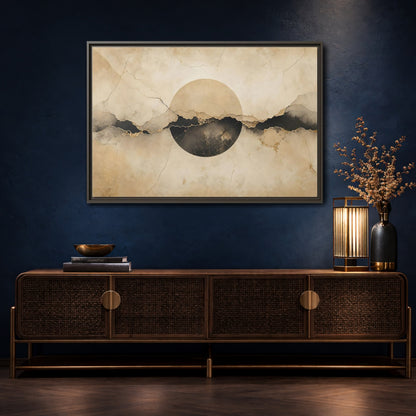 Mockup 4. Abstract Abstract Circle Beige And Black Abstract shown as stretched canvas wall art