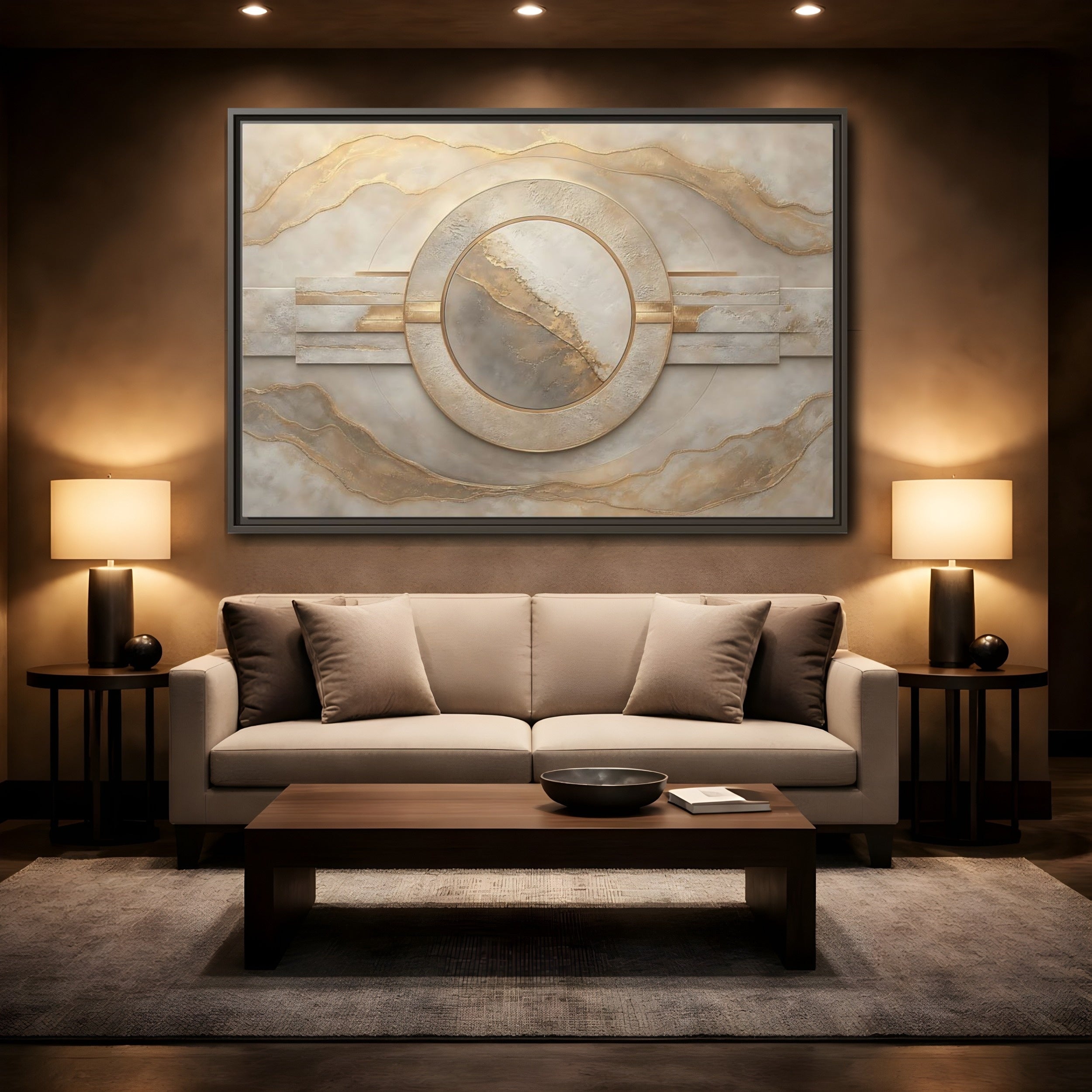Mockup 2. Abstract Abstract Circle Gold And Beige Abstract shown as stretched canvas wall art