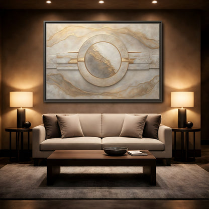 Mockup 2. Abstract Abstract Circle Gold And Beige Abstract shown as stretched canvas wall art