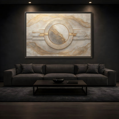 Mockup 3. Abstract Abstract Circle Gold And Beige Abstract shown as stretched canvas wall art