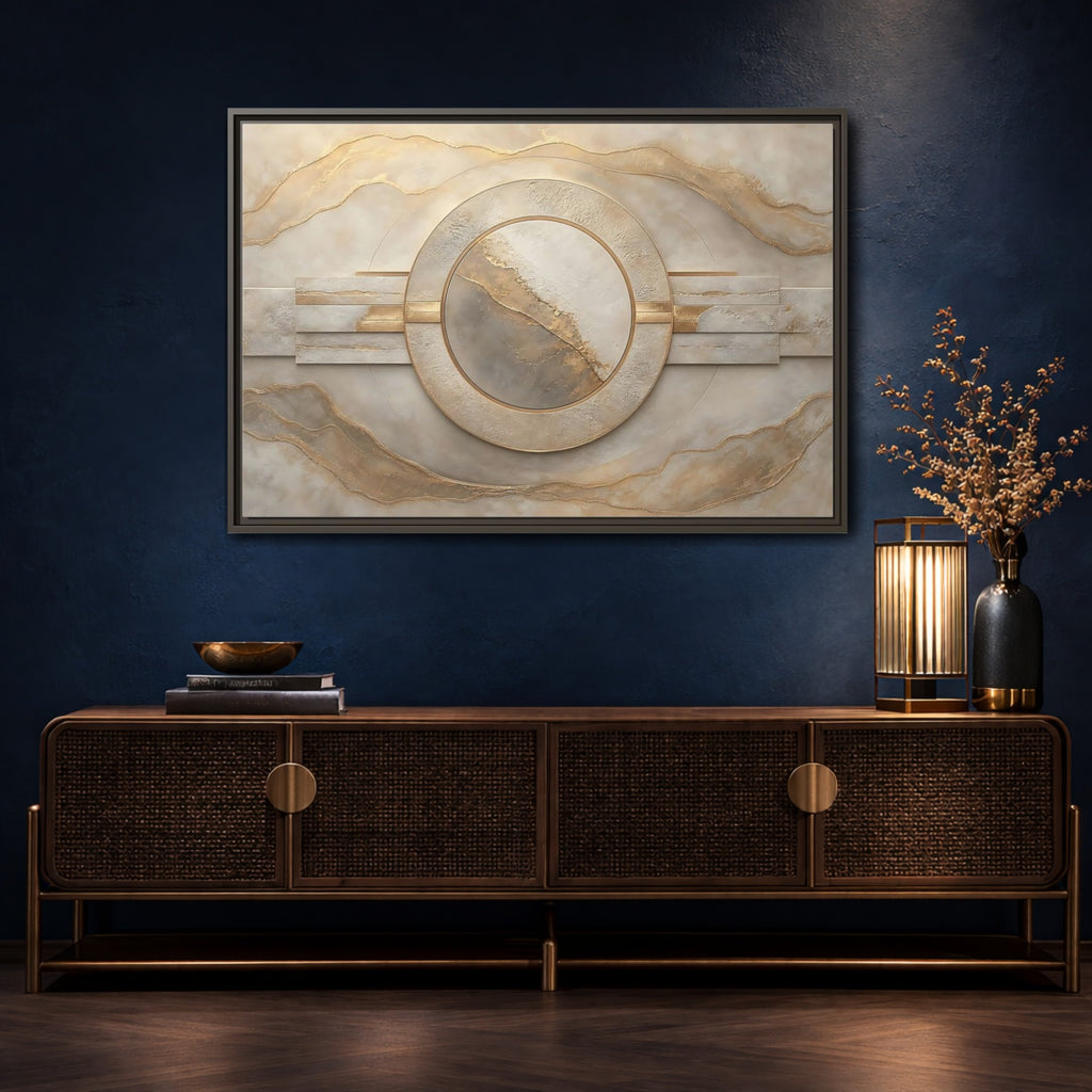 Mockup 4. Abstract Abstract Circle Gold And Beige Abstract shown as stretched canvas wall art
