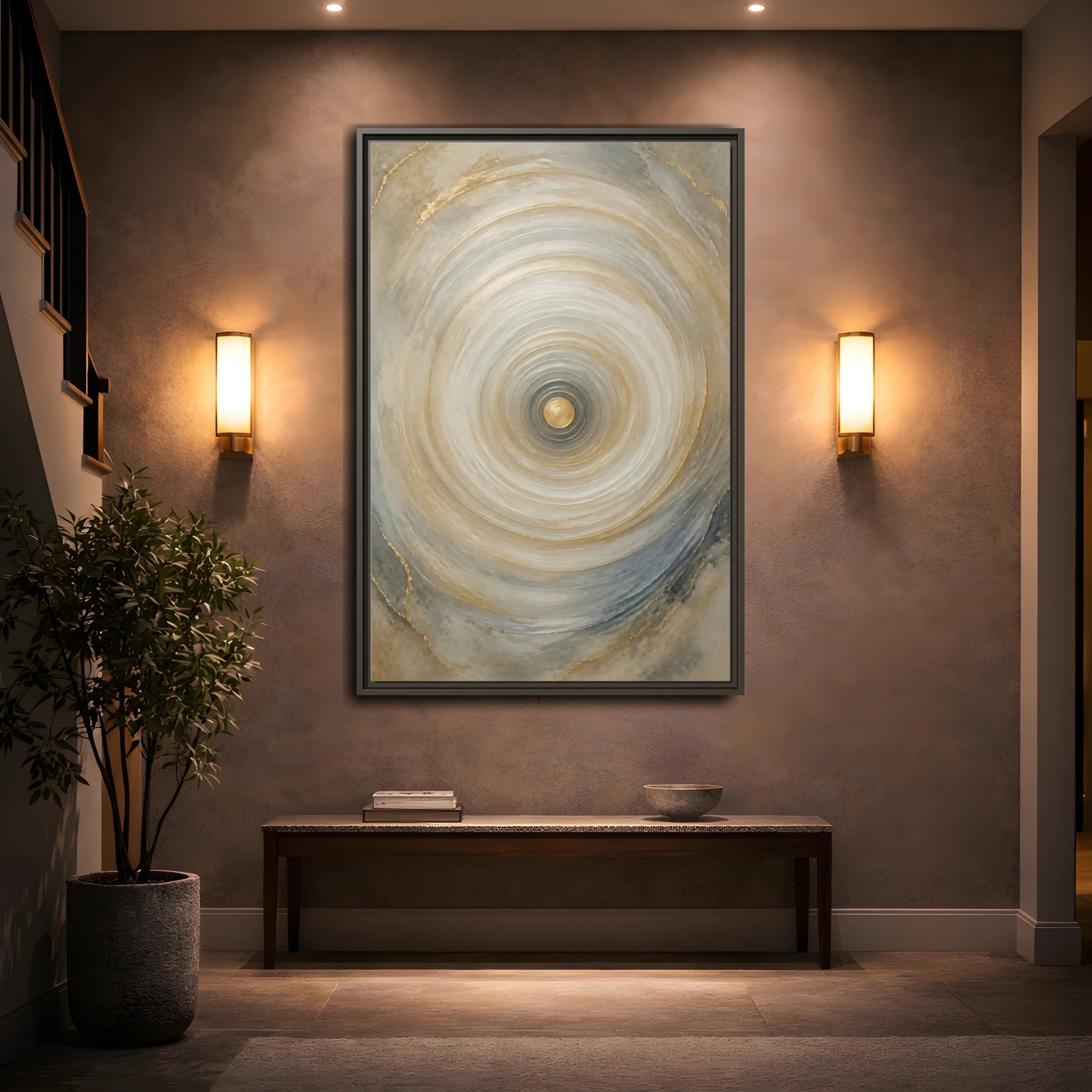 Mockup 2. Abstract Abstract Circle Gold Grey Abstract shown as stretched canvas wall art