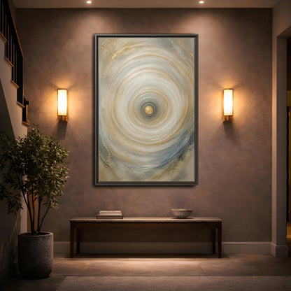 Abstract Circle Gold Grey Framed Canvas Wall Art - Modern Decor for Living Room, Above Fireplace shown as canvas wall art