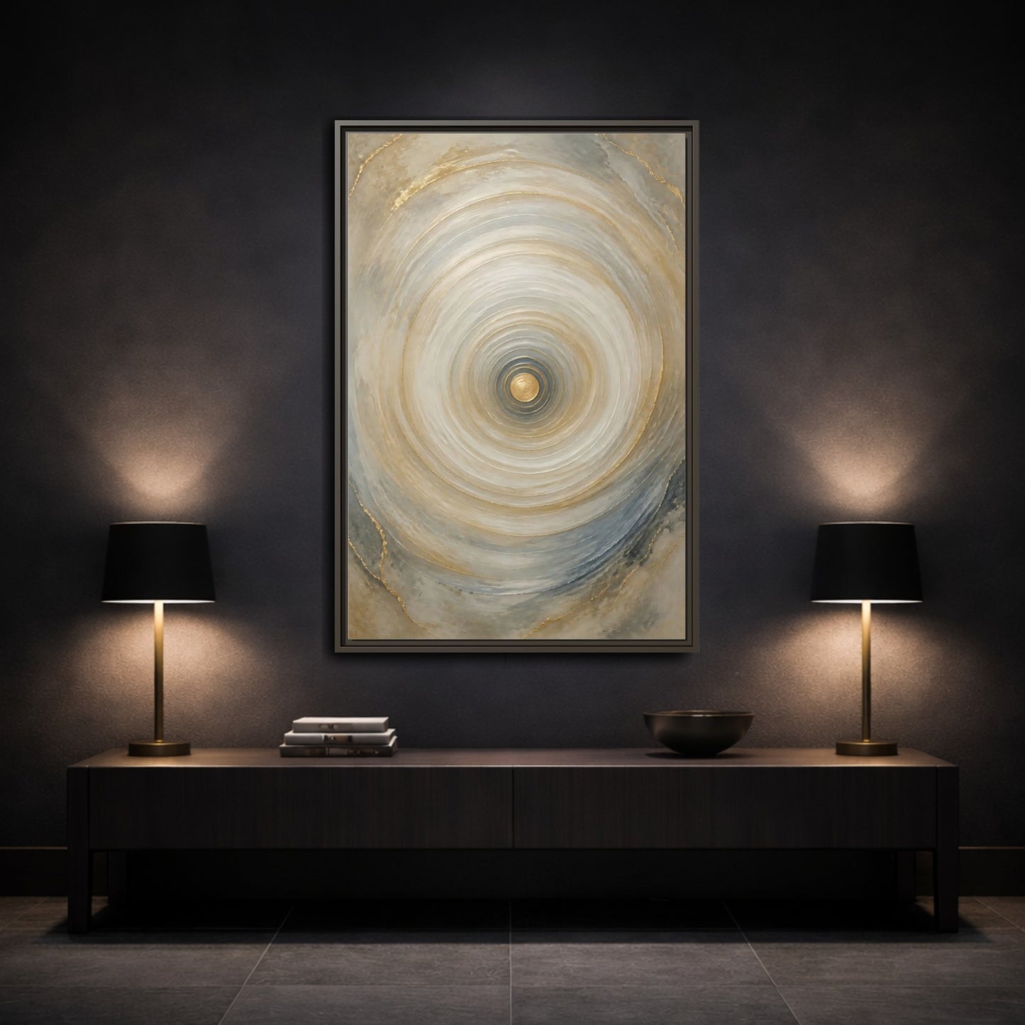 Abstract Circle Gold Grey Framed Canvas Wall Art - Modern Decor for Living Room, Above Fireplace shown as canvas wall art